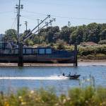 A boat drives past the Hannah Marie along the bank of the Snohomish River on July 3, 2018, in Everett. (Olivia Vanni / Herald file)