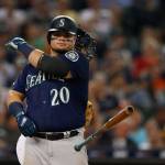 The Mariners Daniel Vogelbach throws his bat after striking out during the sixth inning of a game against the Tigers on Aug. 14, 2019, in Detroit. (AP Photo/Carlos Osorio)