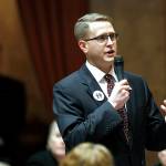 In 2012 photo, Rep. Matt Shea, R-Spokane Valley, speaks in Olympia. Newly leaked emails show that Shea has had close ties with a group that trained children and young men for religious combat. (AP Photo/Elaine Thompson,File)