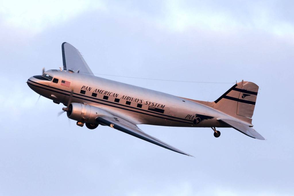 A Pan American plane makes an appearance at the Arlington Fly-in at Arlington Municipal Airport on Friday evening. (Kevin Clark / The Herald)