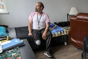 Vern Van Winkle was one of the first residents of Clares Place, a supportive housing building which opened in July. (Lizz Giordano / The Herald)