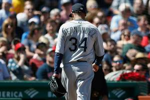 The Seattle Mariners Felix Hernandez walks off the field after being relieved during the third inning of a baseball game against the Boston Red Sox in Boston, Saturday, May 11, 2019. (AP Photo/Michael Dwyer)