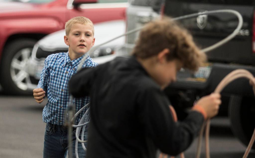 Denver Revving tries to duck out from being lassoed by Douglas Ryner during the opening day of the Evergreen State Fair on Thursday, Aug. 22, 2019 in Monroe, Wash. (Andy Bronson / The Herald)