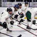 Team 3 White races after a penalty shot during the Silvertips Training Camp at Angel of the Winds Arena in Everett on Aug. 22. (Kevin Clark / The Herald)