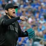 Mariners starting pitcher Felix Hernandez reacts after the final out of the top of the fifth inning of a game against the Blue Jays on Aug. 24, 2019, in Seattle. (AP Photo/Ted S. Warren)