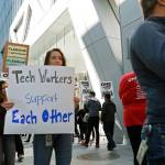 Tech workers march July 16 to support Facebooks cafeteria workers, who were rallying for a new contract with their company Flaghship in San Francisco. (AP Photo/Samantha Maldonado)