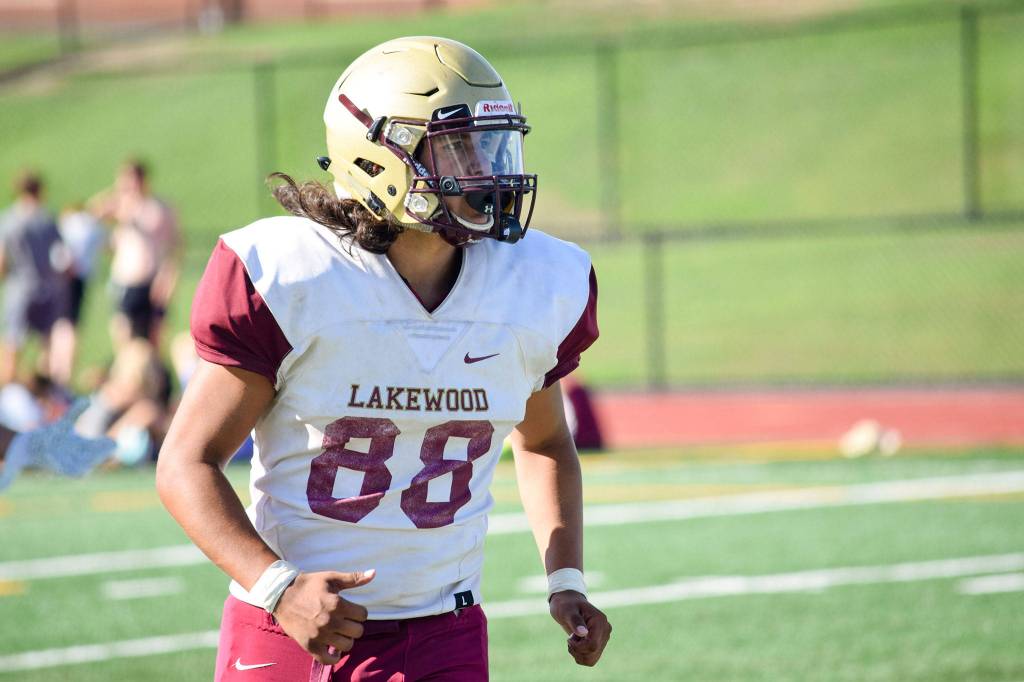 Senior Morgan Stacey waits to tackle during practice on Aug. 28, 2019, at Lakewood High School in Arlington. (Katie Webber / The Herald)