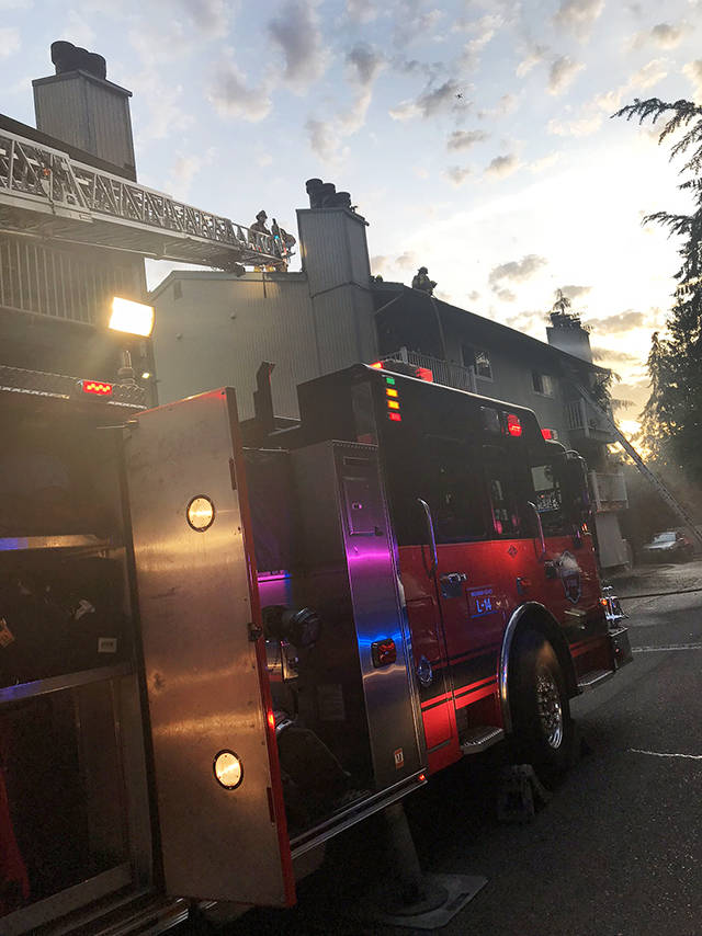 Crews respond to a fire at a condominium building in Lynnwood on Thursday. (South County Fire)