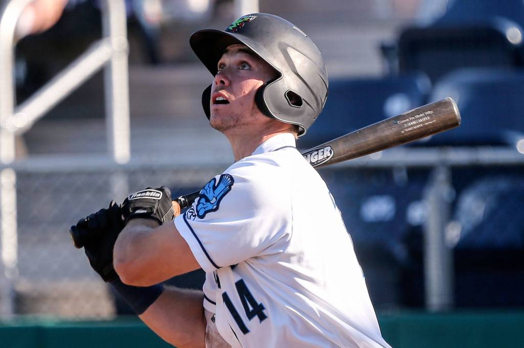 AquaSoxs Cade Marlowe bats at Funko Field on July 28. (Kevin Clark / The Herald)