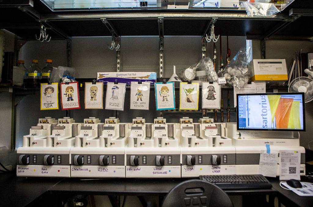 Lab equipment at Alder Biopharmaceuticals labs are named for characters from Star Wars and the Flintstones. (Olivia Vanni / The Herald)