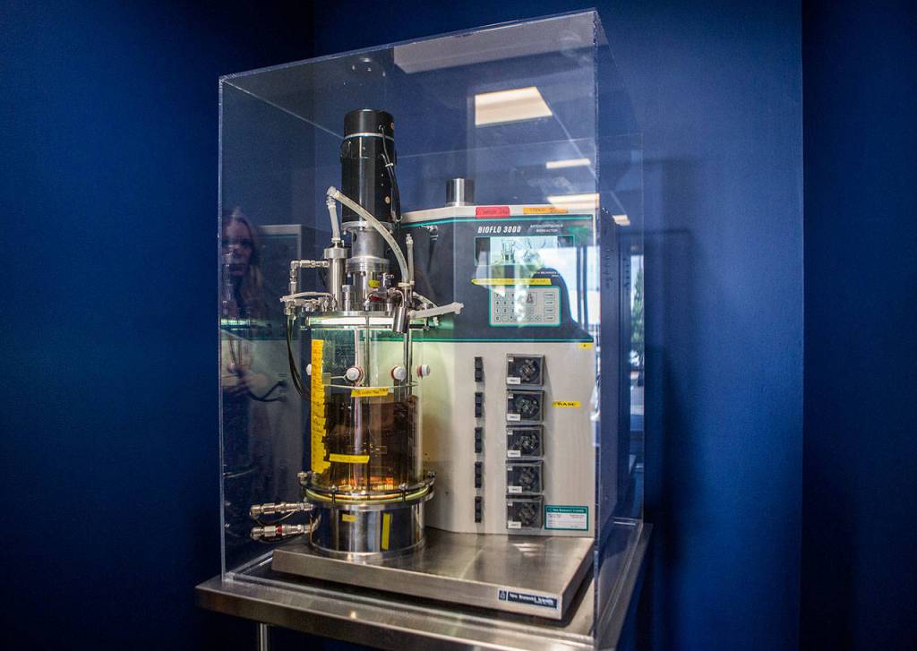 One of the original machines used in the development of Alders new migraine drug is on display at the companys labs in Bothell. (Olivia Vanni / The Herald)