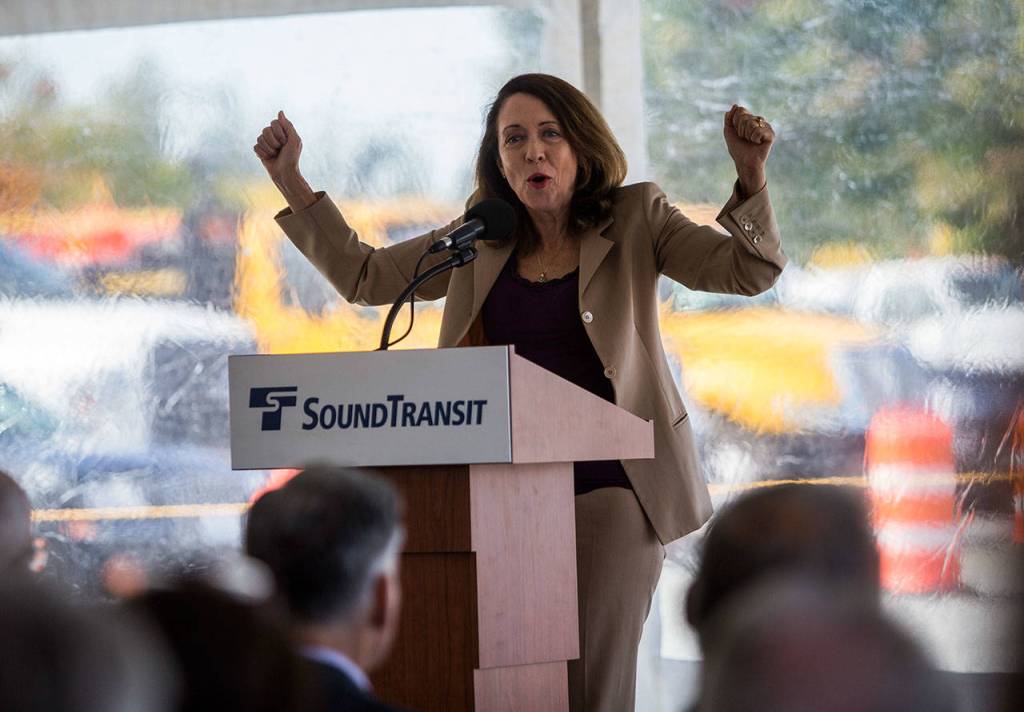 U.S. Sen. Maria Cantwell cheers during her speech at the groundbreaking of the Lynnwood light-rail extension on Tuesday. (Olivia Vanni / The Herald)