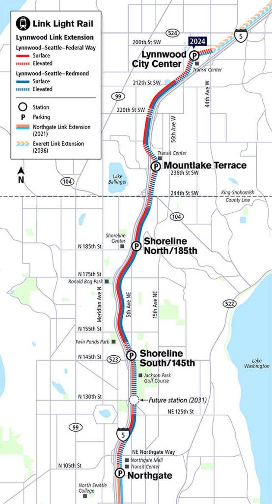 A map of the planned extension of Link light rail from Northgate in Seattle to Lynnwood. (Sound Transit)