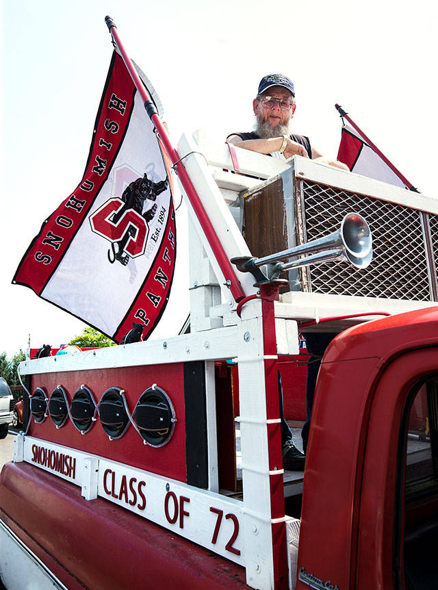 Mike Carver, Snohomish High Class of 1972, is a huge Panther fan and drives his decked-out truck around town. This photo is from last August. (Andy Bronson / Herald file)