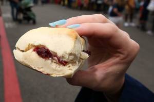 Fishers fair scones, a buttery biscuit cake filled with raspberry preserves, on opening day of the Evergreen State Fair on Thursday, Aug. 22, 2019 in Monroe, Wash. (Andy Bronson / The Herald)