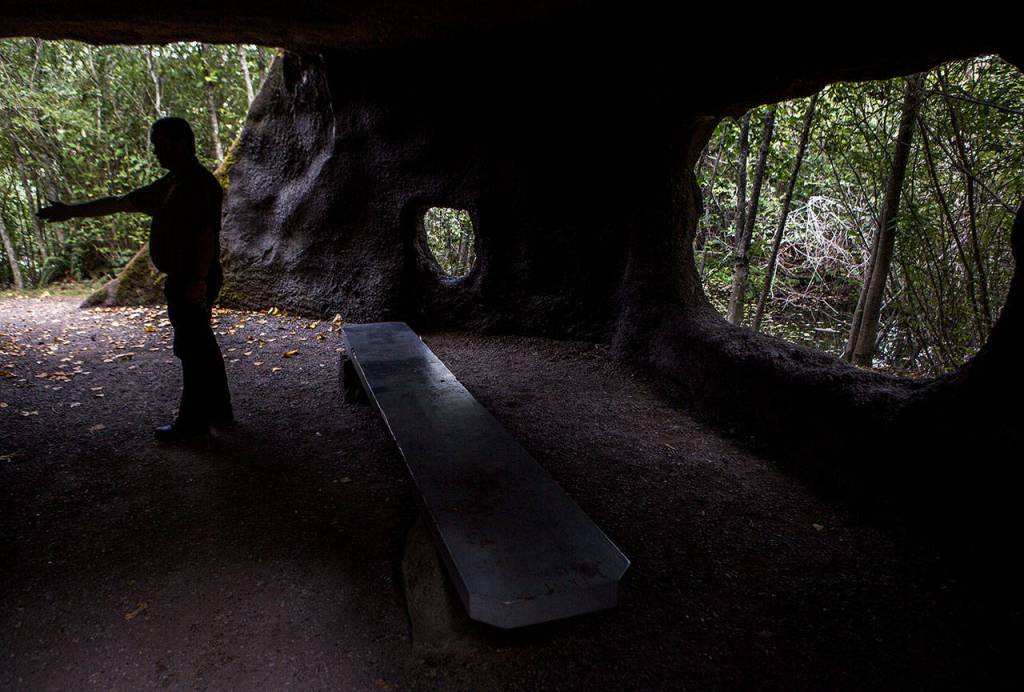 Andrew Rardin talks about the Narbeck Wetland Sanctuary which was created to help balance economic development with nature conservancy with the help of those at Paine Field on Sept. 5 in Everett. (Olivia Vanni / The Herald)