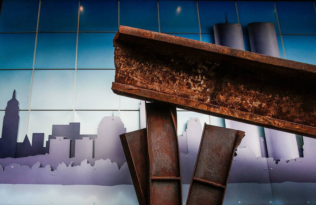 At Arlington Fire Station 46, at 137 N. Macleod Ave., a large steel I-beam lifted from the World Trade Center rubble following the 9/11 attacks is on display for the public. (Dan Bates / The Herald)