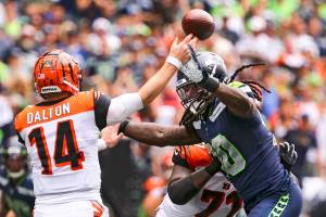 Seattles new defensive end Jadeveon Clowney had one sack in the Seahawks season-opening 21-20 victory over the Cincinnati Bengals on Sunday at CenturyLink Field. (Kevin Clark / The Herald)