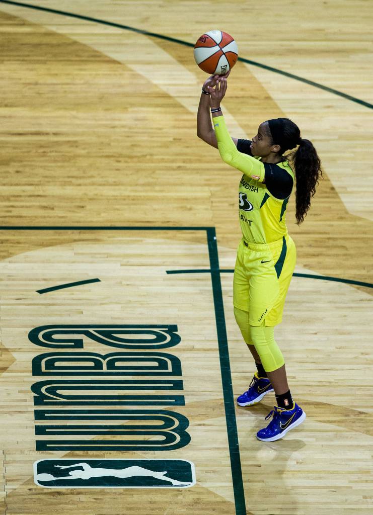 Seattle Storms Jordin Canada shoots a free-throw during the game against the Minnesota Lynx on Wednesday, Sept. 11, 2019 in Everett, Wash. (Olivia Vanni / The Herald)