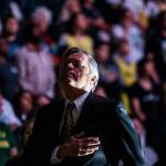 Seattle Storm head coach Dan Hughes stands during the National Anthem before the game against the Minnesota Lynx on Wednesday, Sept. 11, 2019 in Everett, Wash. (Olivia Vanni / The Herald)