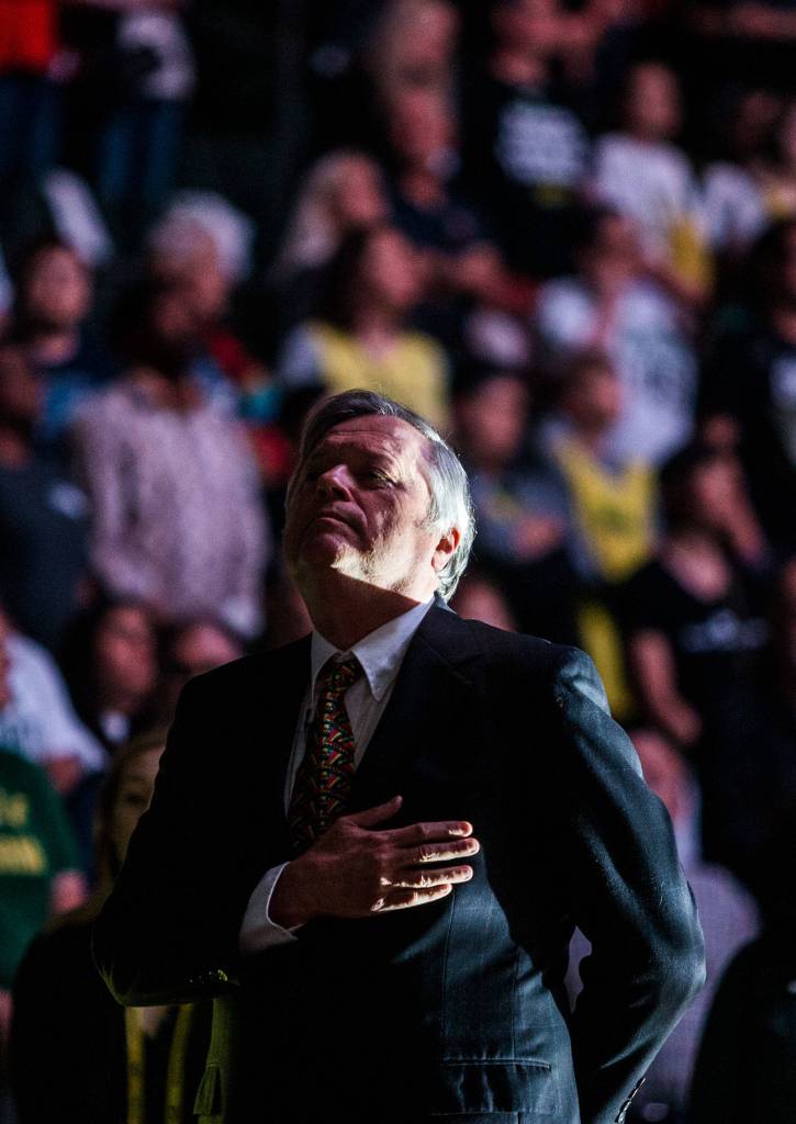 Seattle Storm head coach Dan Hughes stands during the National Anthem before the game against the Minnesota Lynx on Wednesday, Sept. 11, 2019 in Everett, Wash. (Olivia Vanni / The Herald)