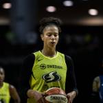 Seattle Storms Alysha Clark takes a breath before shooting a free-throw during the game against the Minnesota Lynx on Wednesday, Sept. 11, 2019 in Everett, Wash. (Olivia Vanni / The Herald)