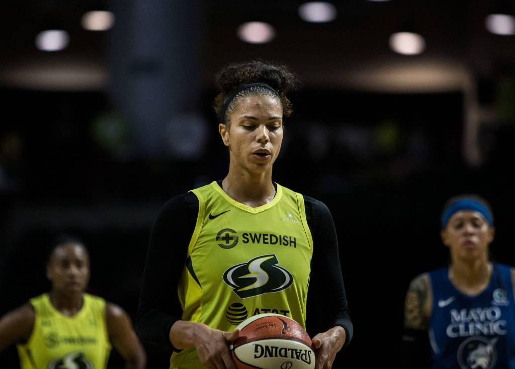 Seattle Storms Alysha Clark takes a breath before shooting a free-throw during the game against the Minnesota Lynx on Wednesday, Sept. 11, 2019 in Everett, Wash. (Olivia Vanni / The Herald)