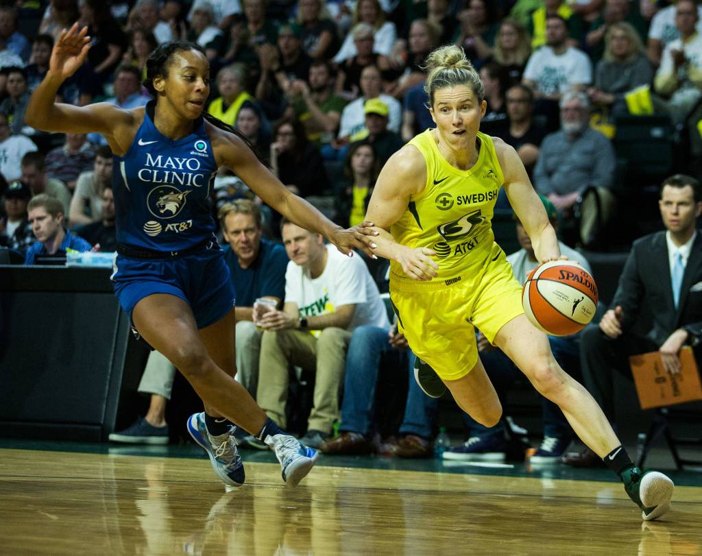 Seattle Storms Sami Whitcomb drive to the hoop during the game against the Minnesota Lynx on Wednesday, Sept. 11, 2019 in Everett, Wash. (Olivia Vanni / The Herald)