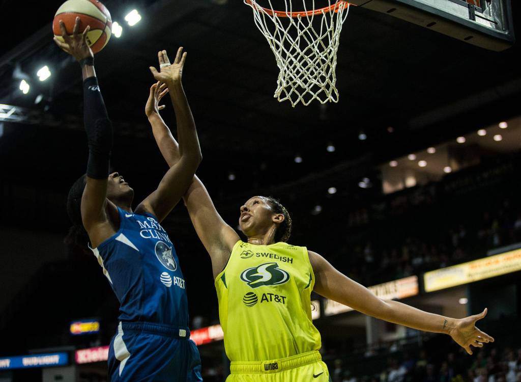 Seattle Storms Mercedes Russell reaches to block a layup during the game against the Minnesota Lynx on Wednesday, Sept. 11, 2019 in Everett, Wash. (Olivia Vanni / The Herald)