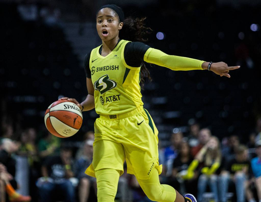 Seattle Storms Jordin Canada signals a play during the game against the Minnesota Lynx on Wednesday, Sept. 11, 2019 in Everett, Wash. (Olivia Vanni / The Herald)