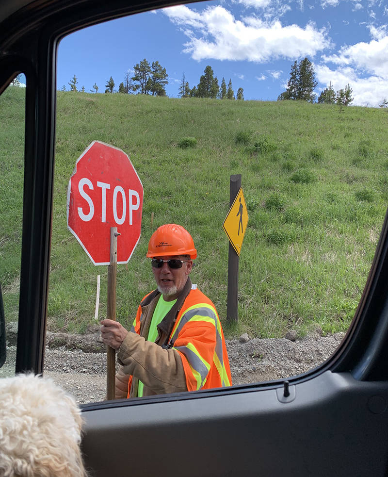In Yellowstone, we met Dale who had just flown in from Florida to work on a construction project. He had just started his lunch as we approached and our young golden-doodle, AJ, was eager to help him finish.