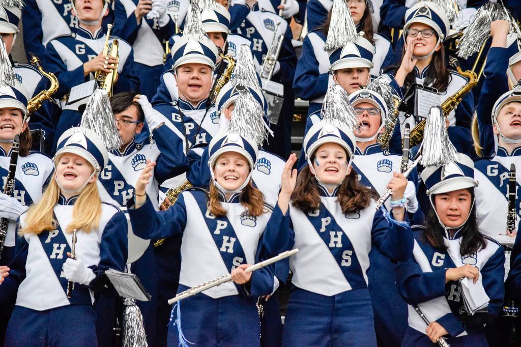 The Glacier Peak High School band performs before the Snohomish and Glacier Peak game on Friday, Sept. 13 at Veterans Memorial Stadium. (Katie Webber / The Herald)