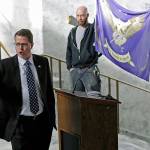 In this Feb. 15 photo, state Rep. Matt Shea, R-Spokane Valley, gestures as he gives a speech in front of the liberty state flag at the Capitol in Olympia, during a rally held by people advocating splitting Washington state into two separate states and questioning the legality of Washingtons I-1639 gun-control measure. (AP Photo/Ted S. Warren, File)
