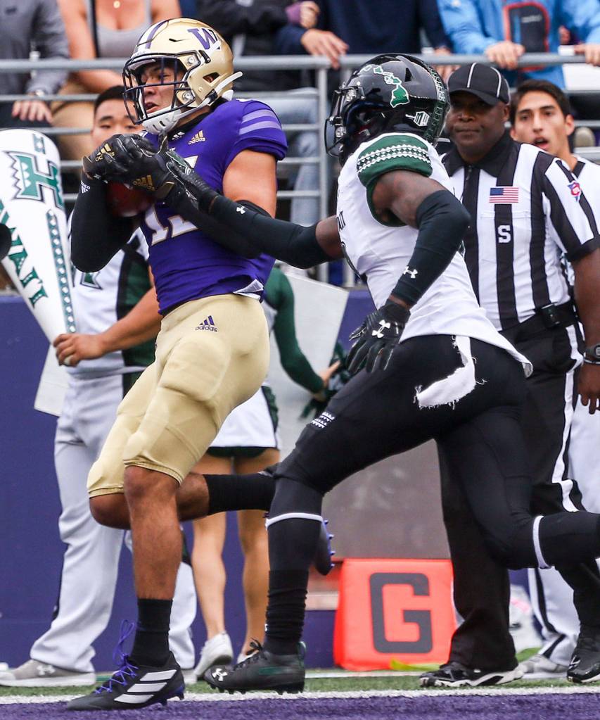 Washingtons Puka Nacua makes a touchdown reception with Hawaiis Eugene Ford defending Saturday evening at Husky Stadium in Seattle on September 14, 2019. Husky won 52-20. (Kevin Clark / The Herald)