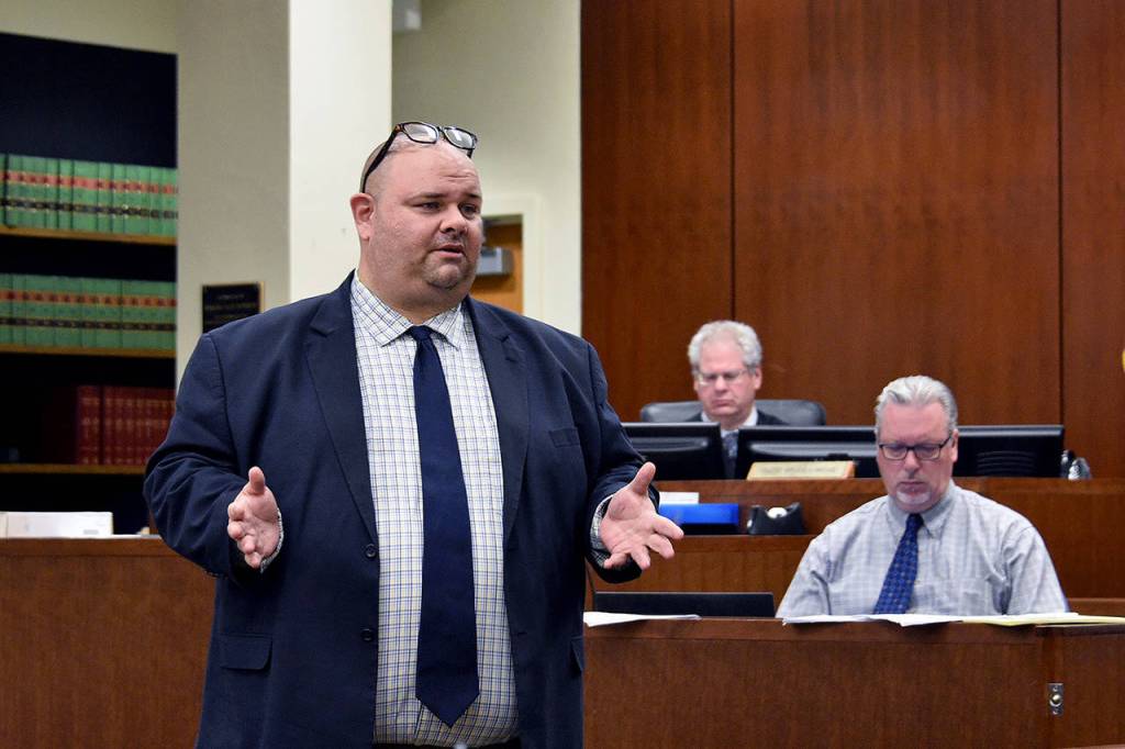 Defense attorney Phil Sayles expresses incredulity in his closing argument at the murder retrial of Encarnacion Salas on Sept. 16 in Everett. (Caleb Hutton / The Herald)