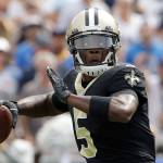 Saints quarterback Teddy Bridgewater passes against the Rams during the first half of a game Sept. 15, 2019, in Los Angeles. (AP Photo/Marcio Jose Sanchez)