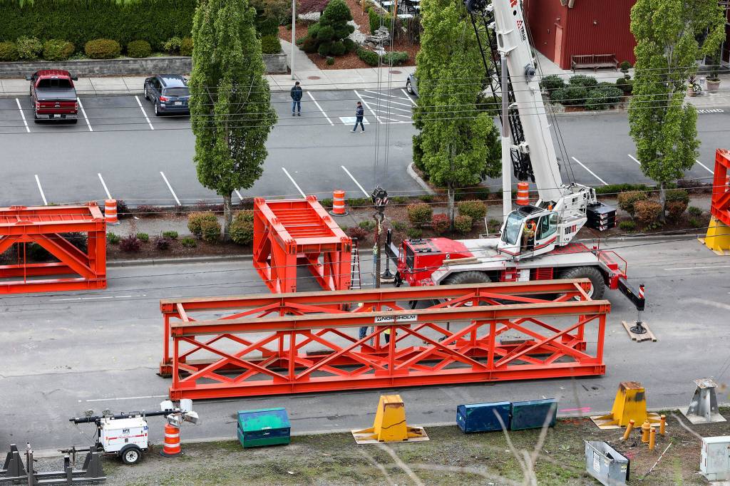 Cribbing is assembled over the weekend, which will be used to support the Grand Avenue Park Bridge when it rotates. (Lizz Giordano / The Herald)