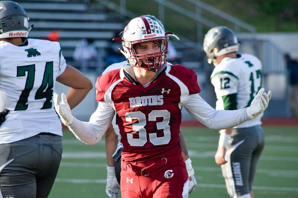 Junior linebacker Daniel Eriksson smiles after a defensive stop against Mount Vernon on Friday, Sept. 20 at Everett Memorial Stadium. (Katie Webber / The Herald)