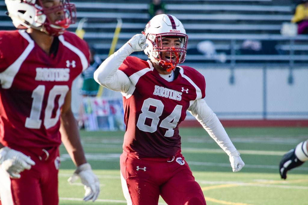 Senior noseguard Alan Garcia-Luna celebrates after recovering a fumbled ball from Mount Vernon on Friday, Sept. 20 at Everett Memorial Stadium. (Katie Webber / The Herald)