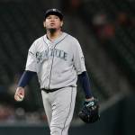 Mariners starting pitcher Felix Hernandez looks on between batters during the first inning of a game against the Orioles on Sept. 20, 2019, in Baltimore. (AP Photo/Julio Cortez)