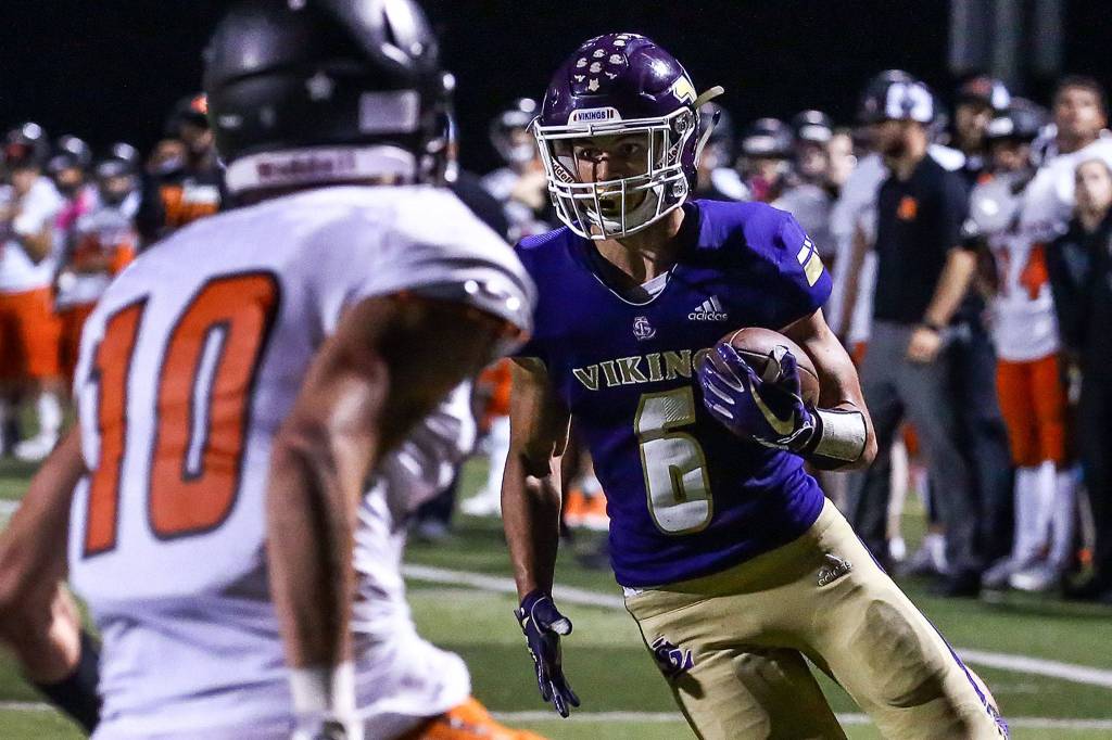 Lake Stevens trounces Monroe 73-28 Friday night at Lake Stevens High School on September 20, 2019. (Kevin Clark / The Herald)