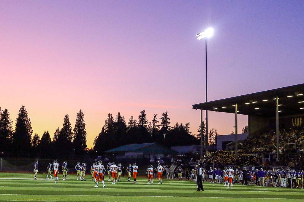 Lake Stevens trounces Monroe 73-28 Friday night at Lake Stevens High School on September 20, 2019. (Kevin Clark / The Herald)