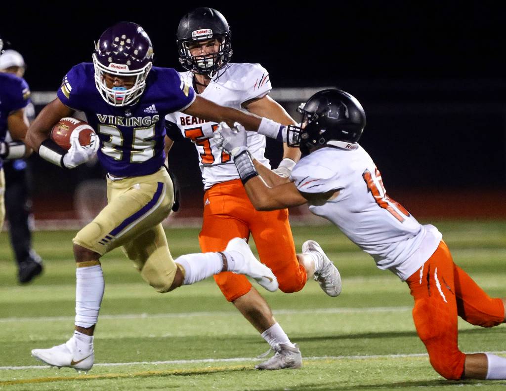 Lake Stevens trounces Monroe 73-28 Friday night at Lake Stevens High School on September 20, 2019. (Kevin Clark / The Herald)