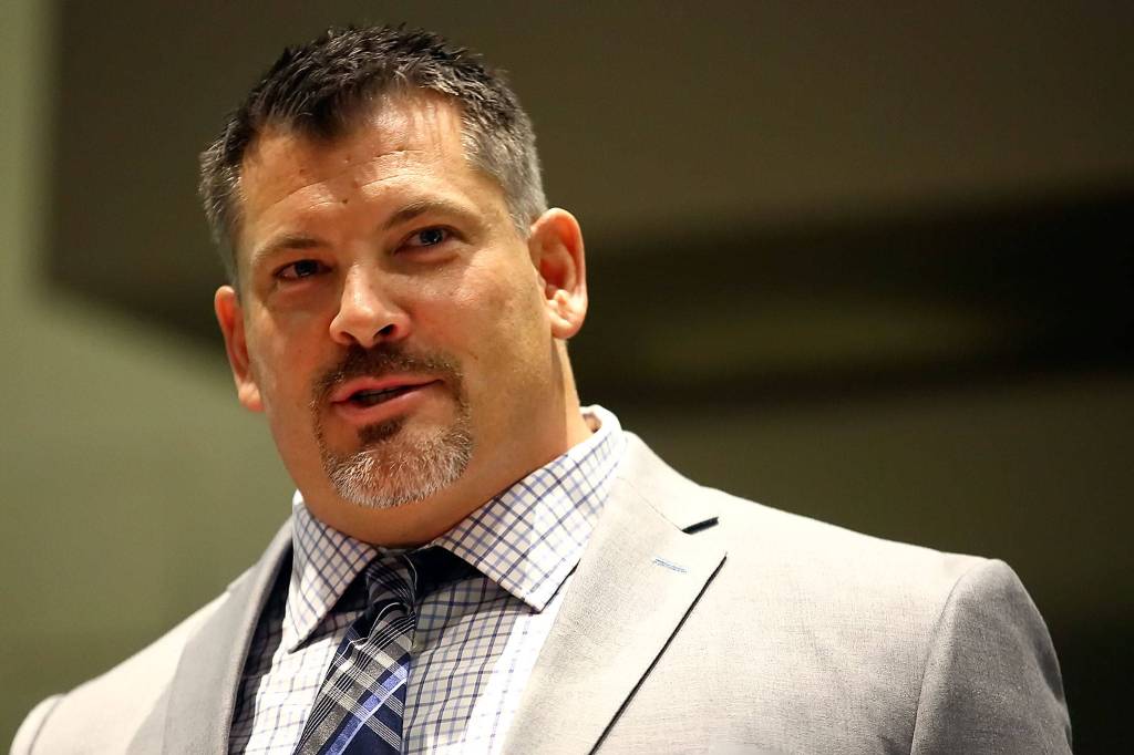Jarred Rome delivers his acceptance speech Wednesday evening during the 10th Annual Snohomish County Sports Hall of Fame Banquet at Angel of the Winds Arena in Everett. He was found dead Saturday morning in Tulalip. (Kevin Clark / The Herald)