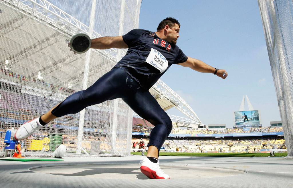 USAs Jarred Rome makes an attempt in the mens discus throw qualification at the World Athletics Championships in Daegu, South Korea, on Aug. 29, 2011. (AP Photo/Matt Dunham)