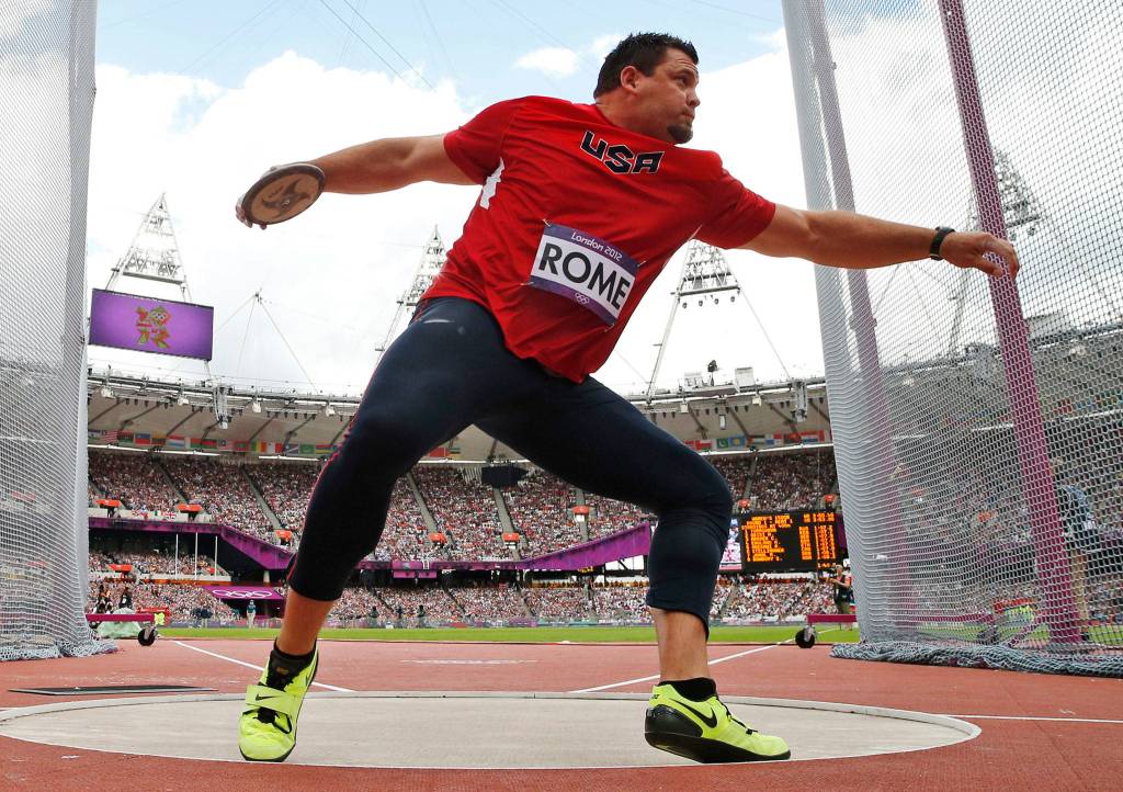 United States Jarred Rome winds up a throw in the mens discus qualification round during the athletics in the Olympic Stadium at the 2012 Summer Olympics, London, on Aug. 6, 2012. (AP Photo/Matt Dunham)