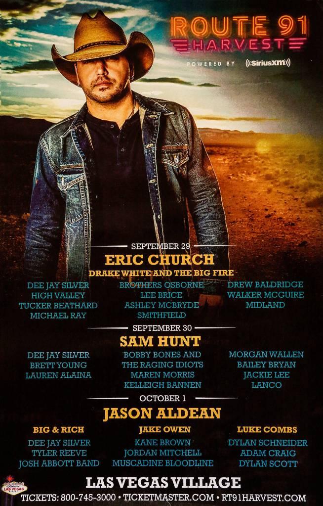 A poster from the 2017 Route 91 Harvest Festival shows Jason Aldean, the performer who was on stage when a gunman attacked a concert venue killing 58 people. It is among Susan Zahlers keepsakes from the event. (Dan Bates / The Herald)