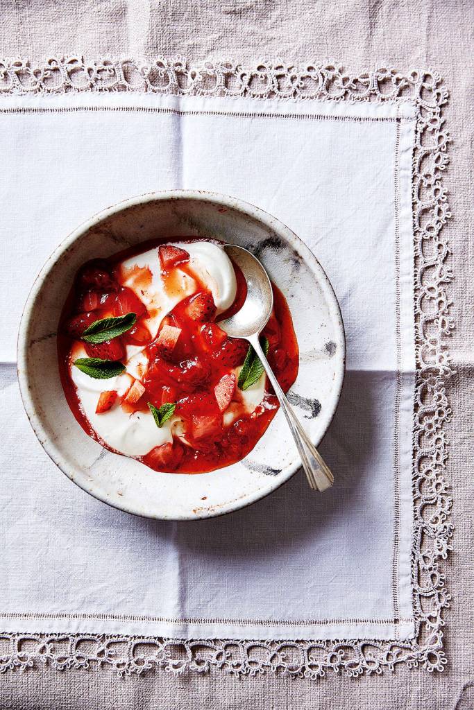 Red, hot and cool strawberries are cooked down with chili pepper and served over a large dollop of cream cheese and yogurt. (Ola O. Smit)