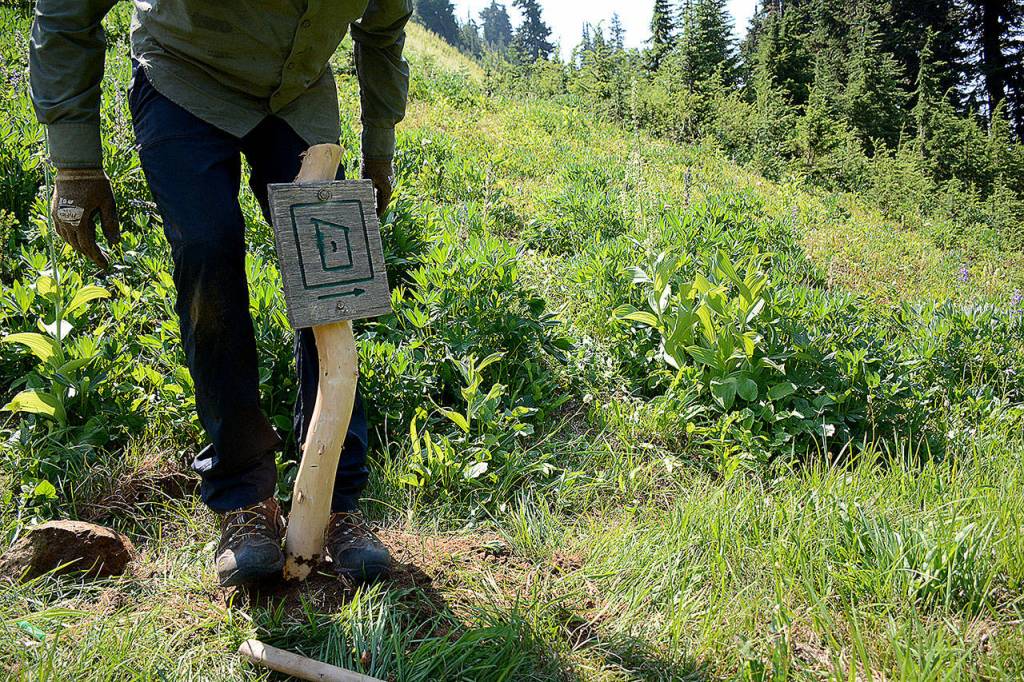 Dane Sortland of the U.S. Forest Service installs a new sign for a sheltered toilet. (Loren Drummond)