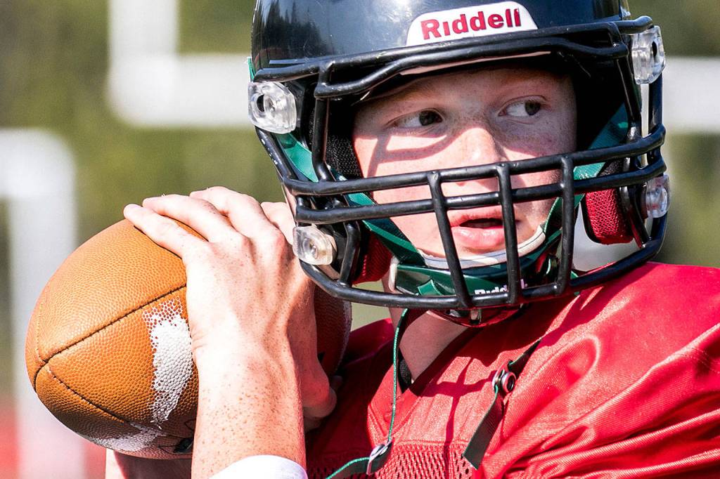 Caleb Koellmer started at quarterback for Marysville Getchell from 2015-18. (Kevin Clark / The Herald)